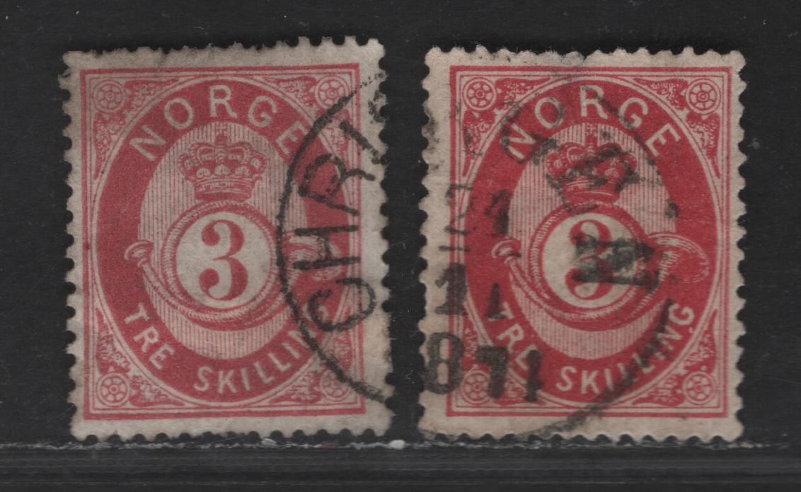 Norway SC#18, 18B 3s Rose & Carmine Post Horn & Crown, 1872-1875 Post Horn Issue, 2 Very Good Used Singles, Bluish Thin Paper, Wmk 160, Perf 14.5x13.5, Thin On 3s Rose