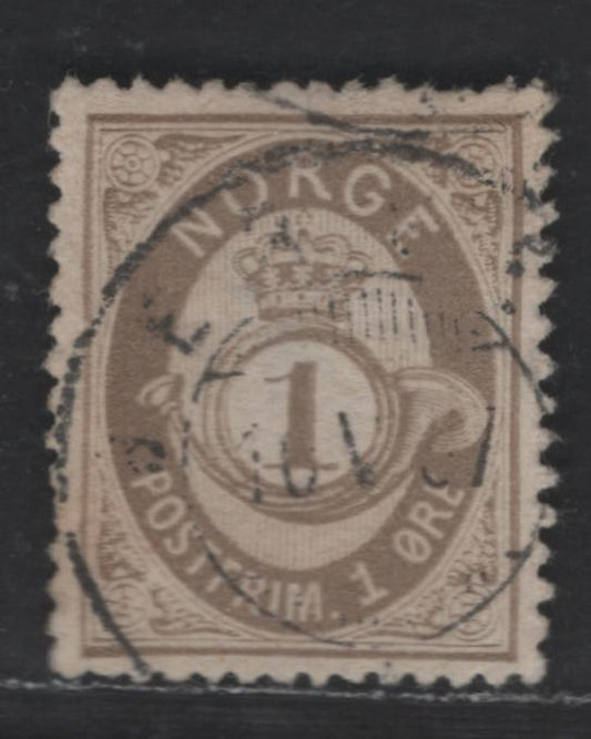 Norway SC#22 1o Drab Post Horn, 1877-1878 Post Horn Issue, A Very Fine Used Single, Thick Paper, Wmk 160, Perf 14.5x13.5, Shaded Post Horn
