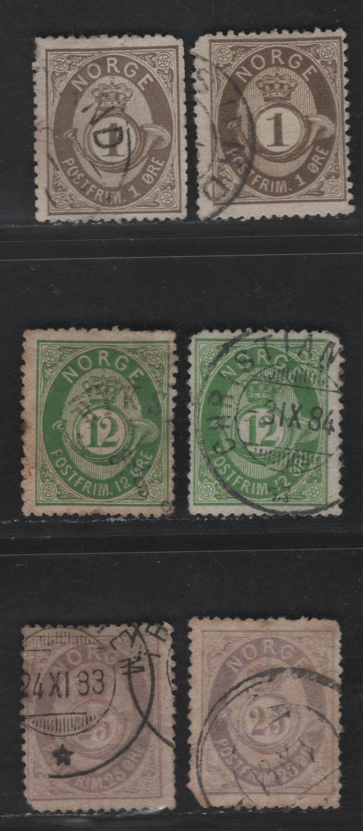 Lot 258 Norway SC#22, 26, 28 10o, 12o & 25o Drab, Green & Lilac Post H ...