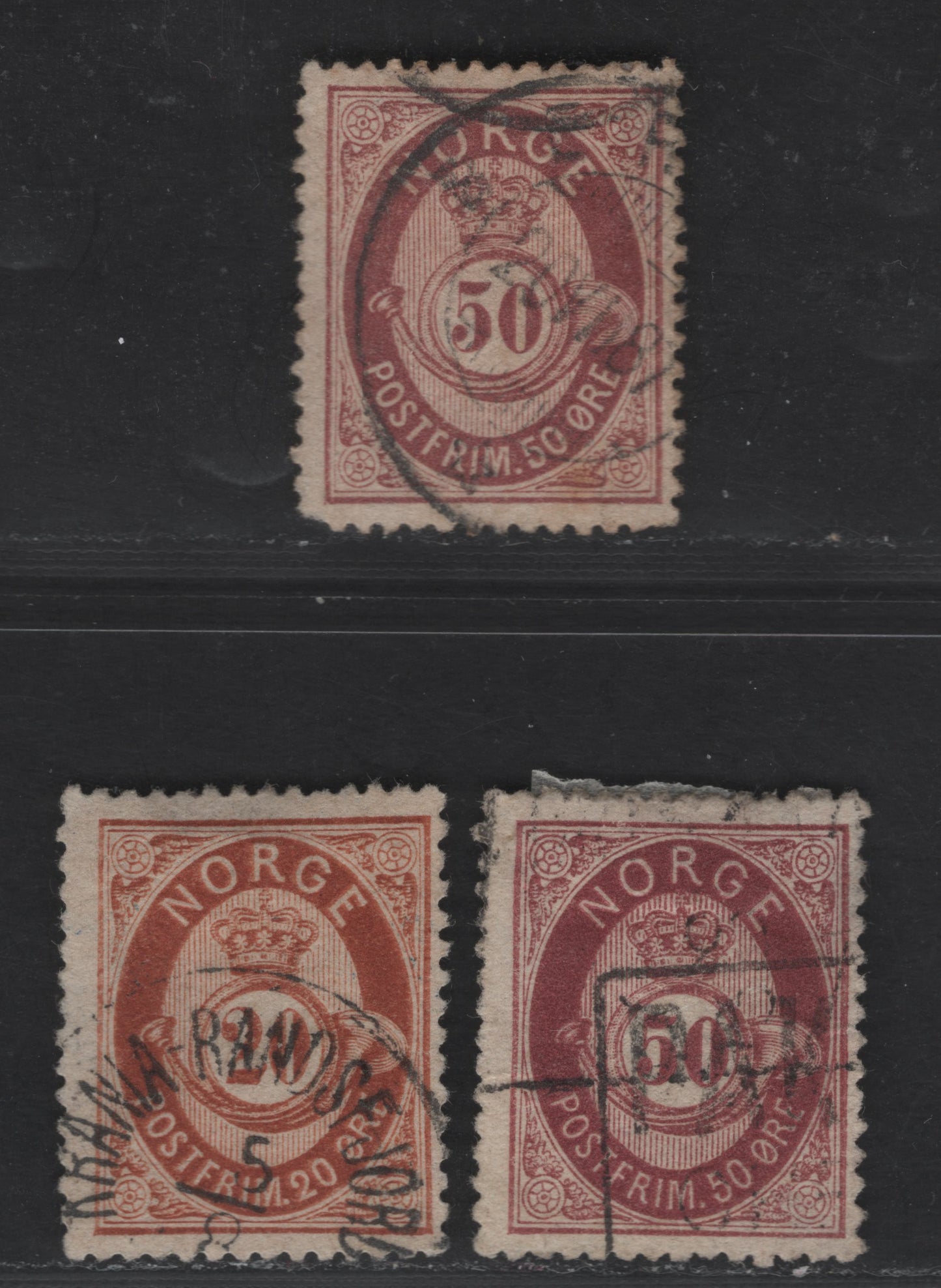 Norway SC#27, 30 20o & 50o Orange Brown & Maroon (2 Shades) Post Horn, 1877-1878 Post Horn Issue, 3 Fine Used Singles, Wmk 160, Perf 14.5x13.5, Shaded Post Horn