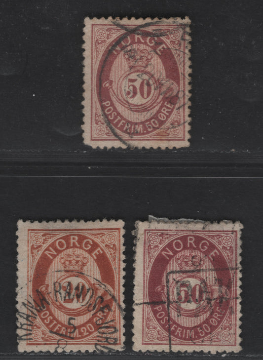 Norway SC#27, 30 20o & 50o Orange Brown & Maroon (2 Shades) Post Horn, 1877-1878 Post Horn Issue, 3 Fine Used Singles, Wmk 160, Perf 14.5x13.5, Shaded Post Horn