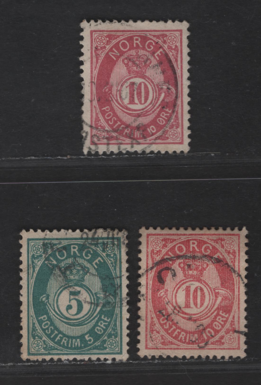 Norway SC#39, 40a 5o - 10o Blue Green - Rose Red Post Horn, 1882-1893 Post Horn Issue, 3 Very Fine Used Singles, Wmk 160, 21mm Die (Tall Die), Perf 14.5x13.5, Unshaded Post Horn