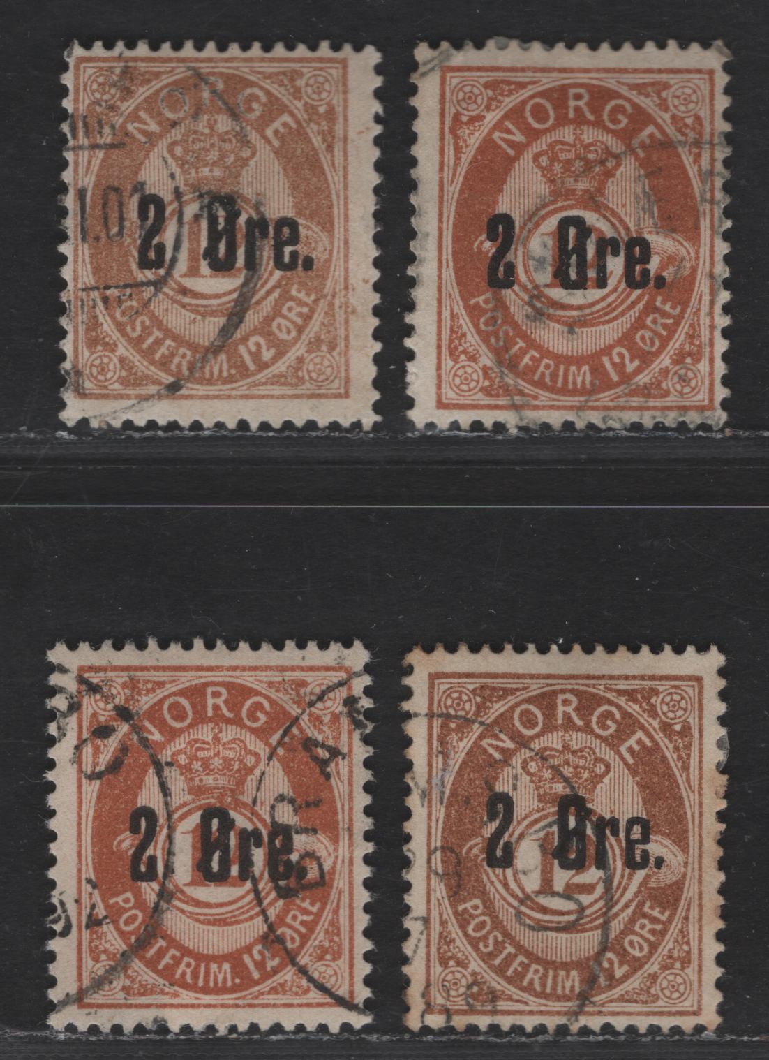 Norway SC#46, 46a 2o on 12o Yellow Brown & Bistre Brown Post Horn, 1888 Surcharged Post Horn Issue, 4 Fine Used Singles, Different Shades, Wmk 160, (Tall Die), Perf 14.5x13.5, Unshaded Post Horn