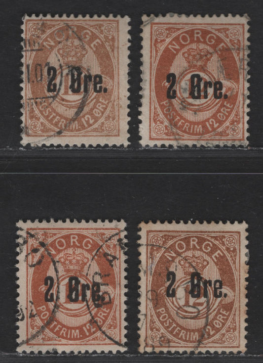 Norway SC#46, 46a 2o on 12o Yellow Brown & Bistre Brown Post Horn, 1888 Surcharged Post Horn Issue, 4 Fine Used Singles, Different Shades, Wmk 160, (Tall Die), Perf 14.5x13.5, Unshaded Post Horn
