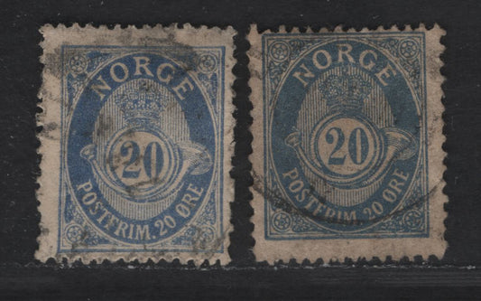 Norway SC#53 (Facit #58) 20o Ultramarine (2 shades) Post Horn, 1893-1908 Post Horn Issue, 2 Fine Used Singles, Central Printing Works Printing, Wmk 160, Perf 14.5x13.5, Blurred Wing Ornaments, Color Spot Under Crown, Unshaded Post Horn