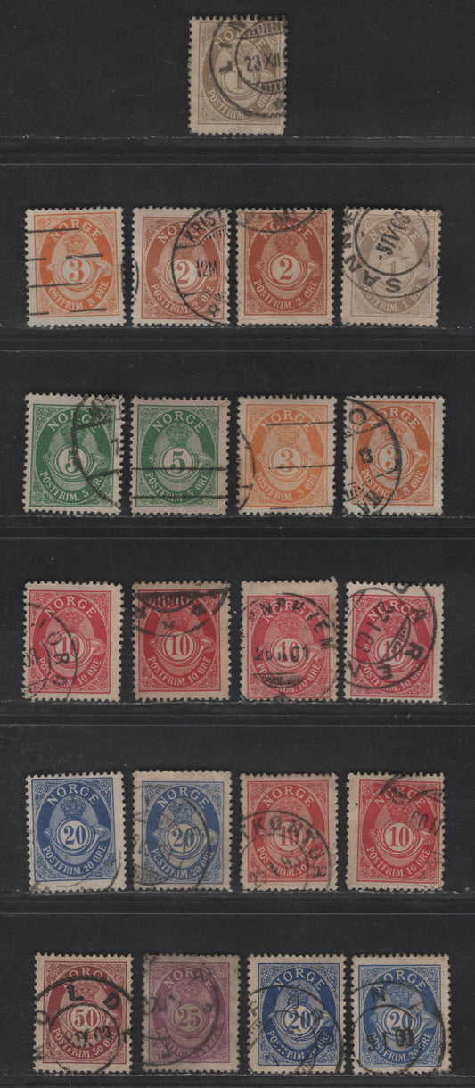 Norway SC#47/58 1o - 60o Gray - Dark Blue Post Horn, 1893-1908 Post Horn Issue, 20 Fine Used Singles, Wmk 160, Knudsen Printings, Perf 14.5x13.5, Clearly Printed Wing Corner Ornaments, Norge in Roman Capitals, Unlisted Shade Variations