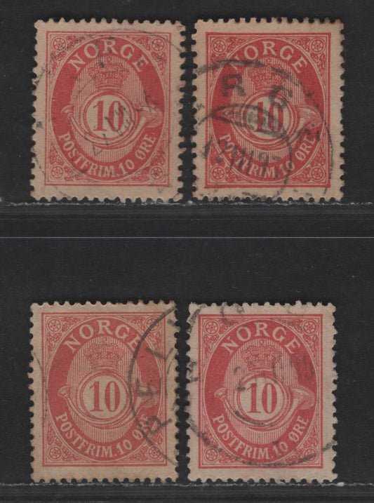Norway SC#51 (Facit #57) 10o Rose Post Horn, 1893-1908 Post Horn Issue, 4 Very Fine Used Singles, Wmk 160, Central Printings Works Printing, Perf 14.5x13.5,Blurred Wing Corner Ornaments, Norge in Roman Capitals, Different Shades