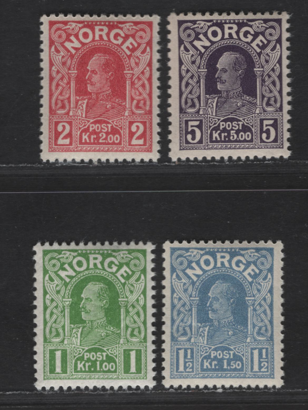 Norway SC#70-73 (Facit # 96c, 97e, 98a, 99) 1k - 5k Light Green - Dark Violet King Haakon VII, 1911-1918 King Haakon VII Issue, 4 VFNH Singles, Wmk 160, Perf 14.5x13.5, Die C
