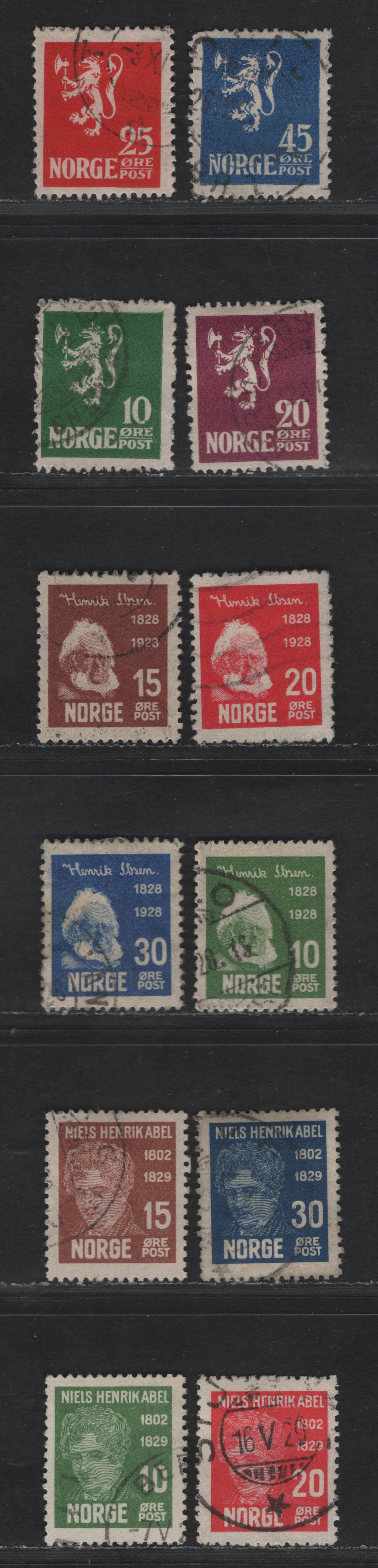 Lot 174 Norway SC#100-103, 132-135, 145-148 10o - 30o Deep Green - Deep Ultramarine Lion Rampart - Niels Henrik Abel, 1922-1929 Lion Ramparts - Niels Henric Abel Issues, 12 Very Fine Used Singles, Perfs 14.5x13.5