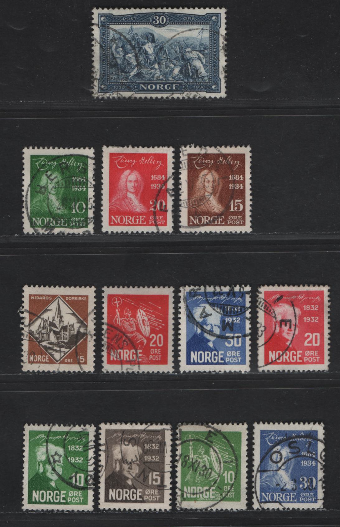 Norway SC#145-148, 150-161 1o - 30o Green - Ultramarine Niels Henrik Abel - Holberg, 1929-1934 Niels henrik Abel - Holberg Issues, 16 Very Fine Used Singles, Perf 14.5x13.5