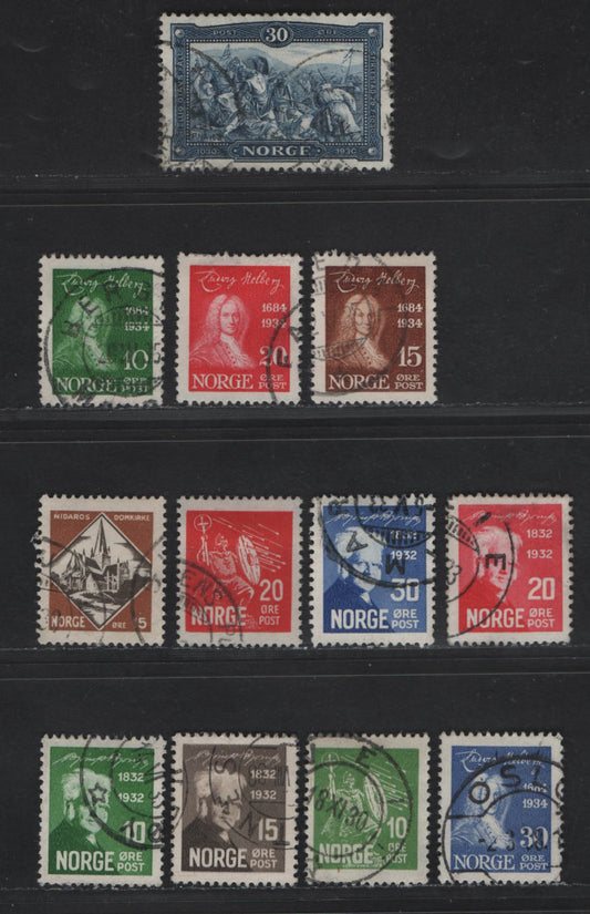 Norway SC#145-148, 150-161 1o - 30o Green - Ultramarine Niels Henrik Abel - Holberg, 1929-1934 Niels henrik Abel - Holberg Issues, 16 Very Fine Used Singles, Perf 14.5x13.5