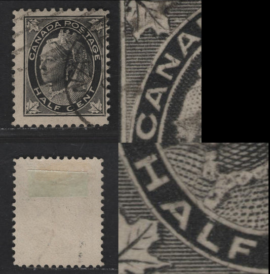 Canada #66i 1/2c Black Queen Victoria, 1897-1898 Maple Leaf Issue, A Fine Used Single Re-Entry: Doubling In "CANA" & "HAL"