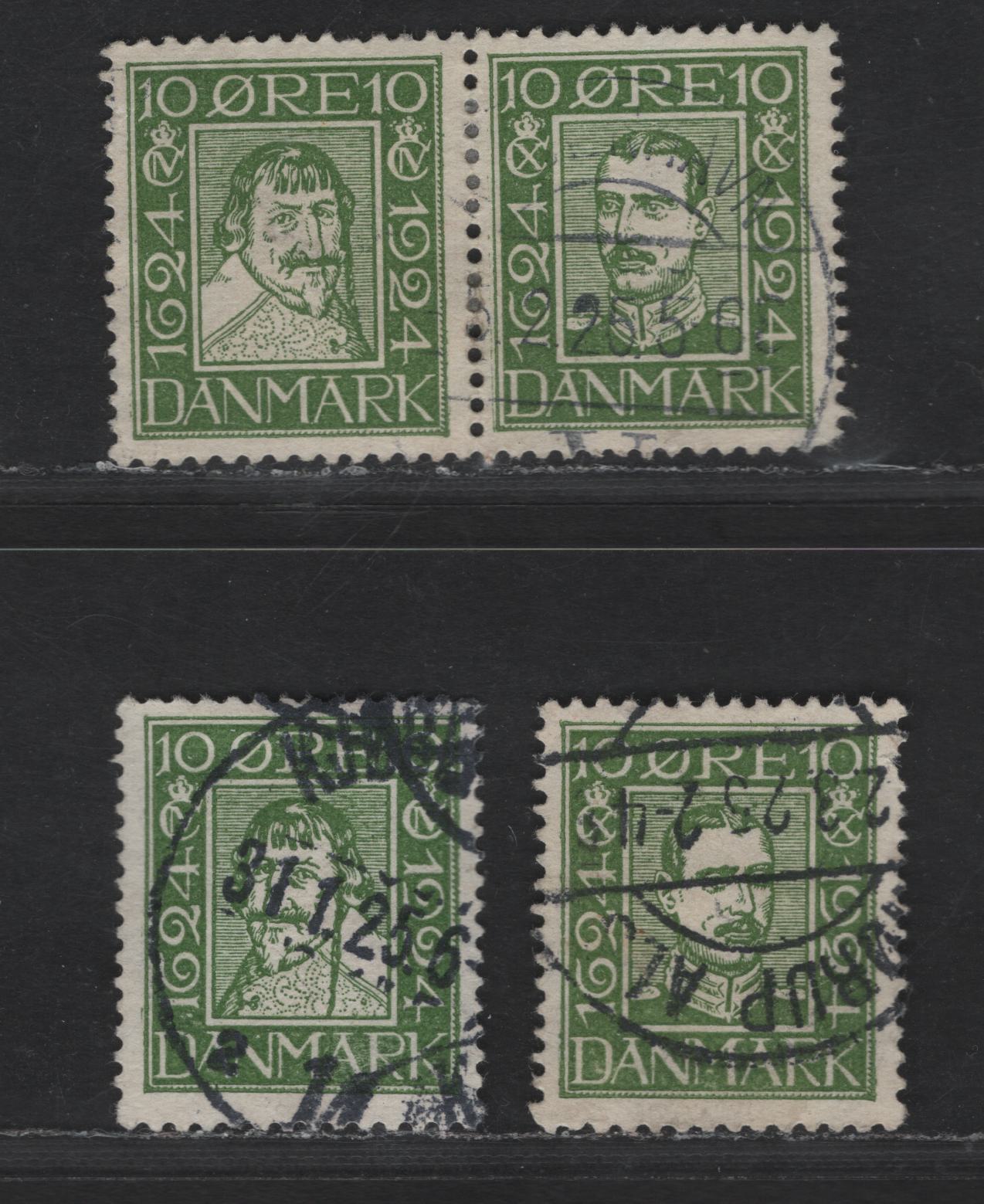 Denmark SC#164-167 10o Green Christian X & Christian IV, 1924 King Christian X & IV Issue, 3 Very Fine Used Singles & Pair, Perf 14x14.5