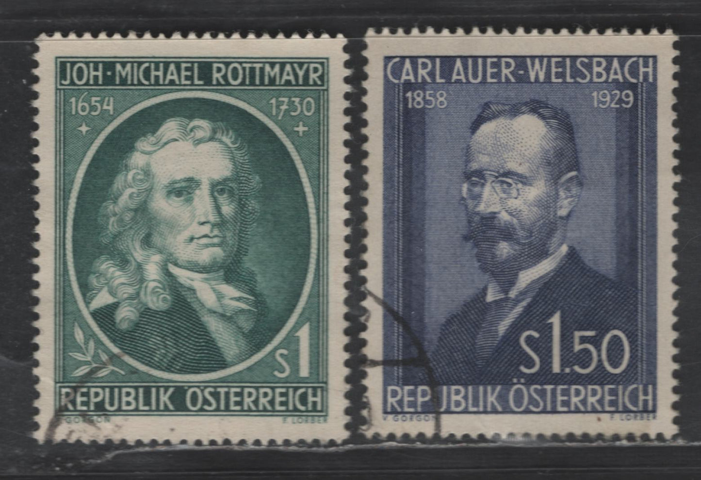 Austria SC#594-595 1s - 1.50s Dark Blue Green - Violet Blue Johann Michael Rottmayr von Rosenbrunn - Carl Auer von Welsbach, 1954 Johann Michael Rottmayr von Rosenbrunn - Carl Auer von Welsbach Issues, 2 Very Fine Used Singles, Perf 14x13.5