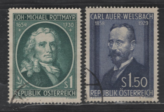 Austria SC#594-595 1s - 1.50s Dark Blue Green - Violet Blue Johann Michael Rottmayr von Rosenbrunn - Carl Auer von Welsbach, 1954 Johann Michael Rottmayr von Rosenbrunn - Carl Auer von Welsbach Issues, 2 Very Fine Used Singles, Perf 14x13.5
