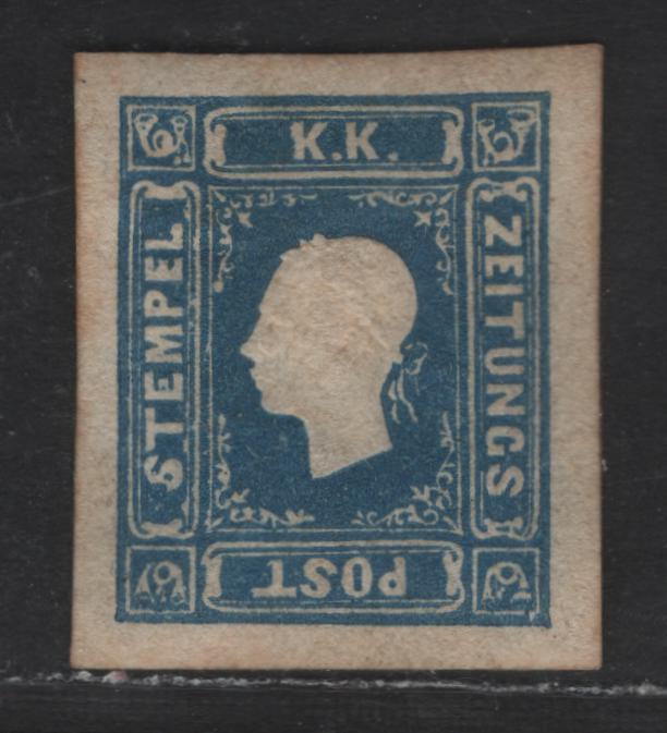 Austria SC#P5 1k Blue Emperor Franz Josef, 1858-1859 Newspaper Issue, An XFOG Imperf Single, Embossed, Type 1, Signed By Several Experts