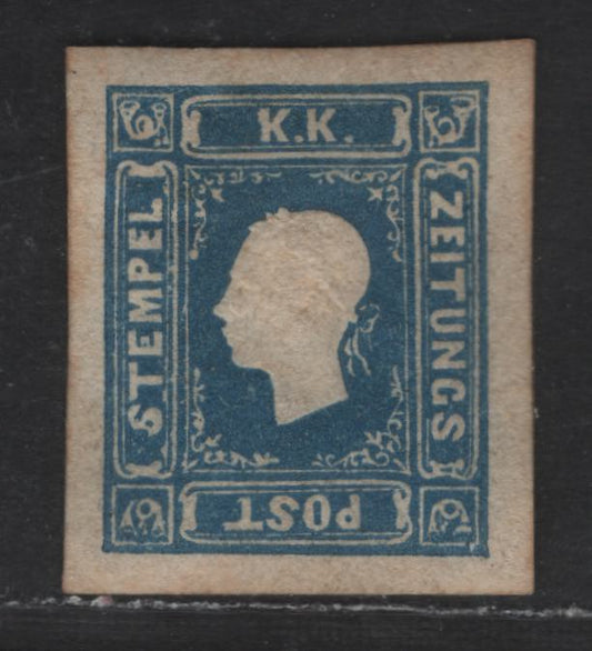 Austria SC#P5 1k Blue Emperor Franz Josef, 1858-1859 Newspaper Issue, An XFOG Imperf Single, Embossed, Type 1, Signed By Several Experts