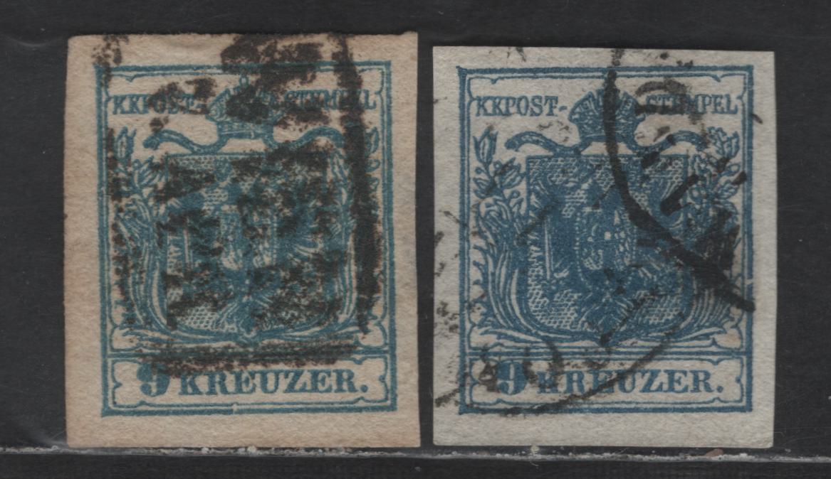 Lot 175 Austria SC#5g 9k Deep Blue & Blue Coat of Arms, 1850 Coat of Arms Issue, 2 Very Fine Used Imperf Singles, Handmade Paper, Type II