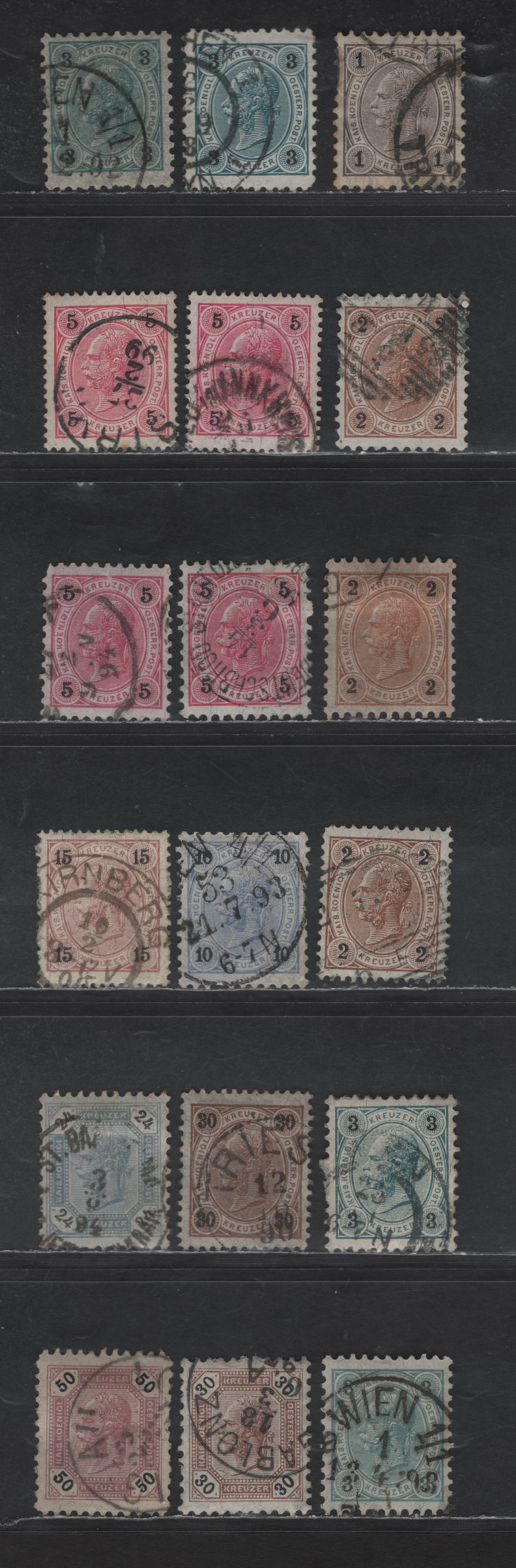 Austria SC#51-61 1k - 50k Dark Gray - Violet Emperor Franz Josef, 1890-1896 Emperor Franz Josef Issue, 18 Very Fine Used Singles, Perfs Ranging Between 9 & 13.5, Granite Paper