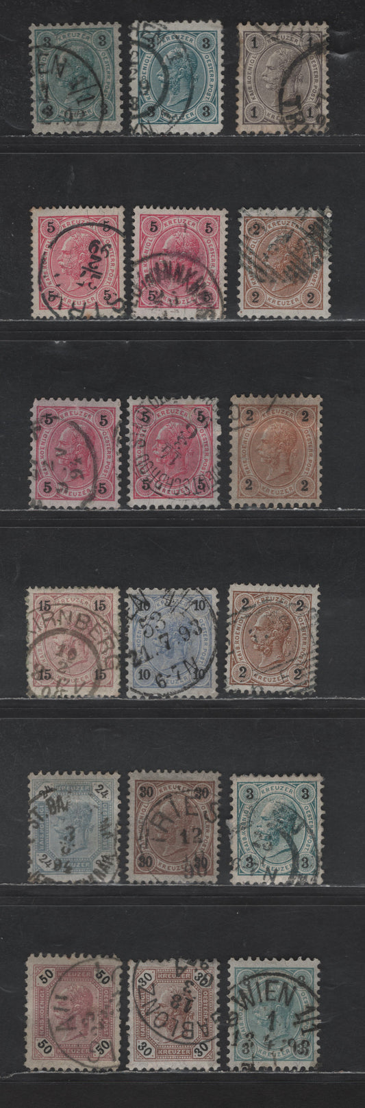 Austria SC#51-61 1k - 50k Dark Gray - Violet Emperor Franz Josef, 1890-1896 Emperor Franz Josef Issue, 18 Very Fine Used Singles, Perfs Ranging Between 9 & 13.5, Granite Paper