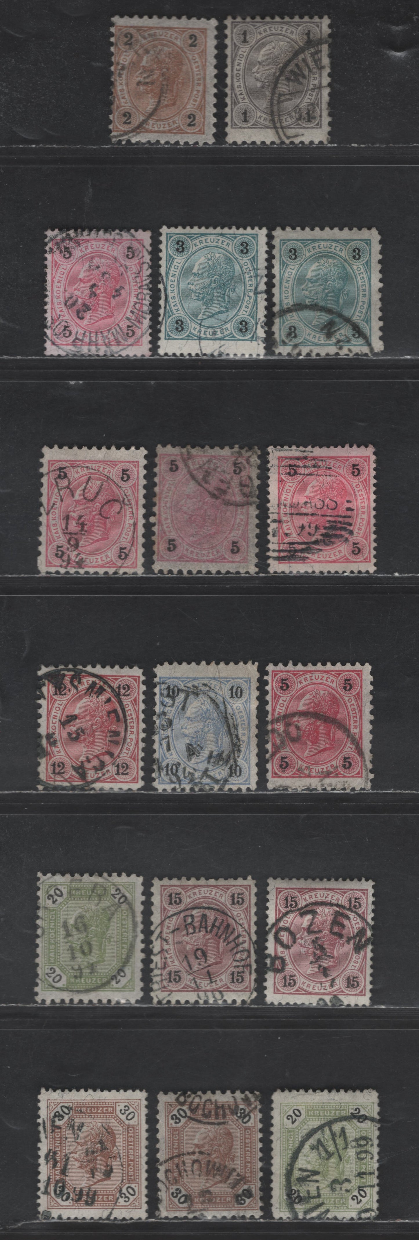 Austria SC#51/69 1k - 50k Dark Gray - Brown Emperor Franz Josef, 1890-1896 Emperor Franz Josef Issues, 17 Fine Used Singles, Various Perfs & Paper Types, Black Numerals & Kreuzer Currency