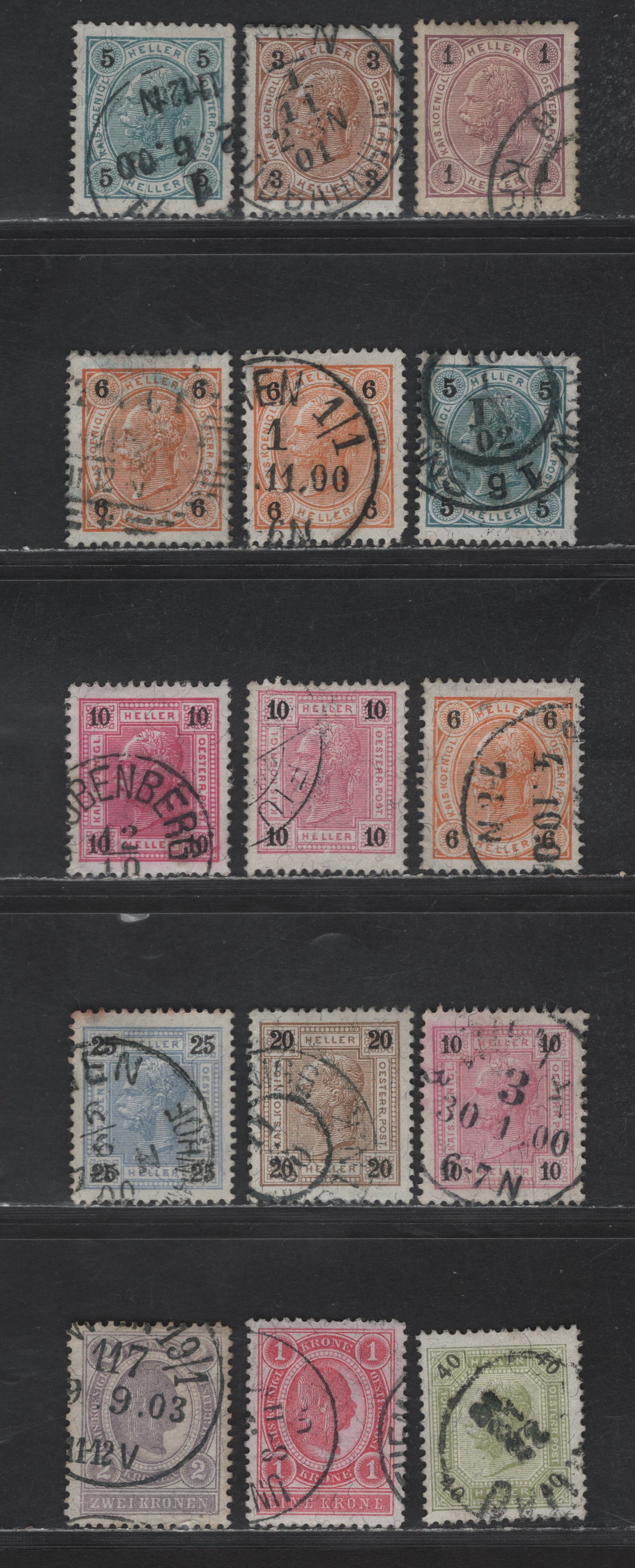 Austria SC#70/84 1h - 2k Lilac - Gray Violet Emperor Franz Josef, 1899 Emperor Franz Josef Issue, 16 Very Fine Used Singles, Heller Currency, Perfs 12.5, 13, 13x12.5 & 13x13.5