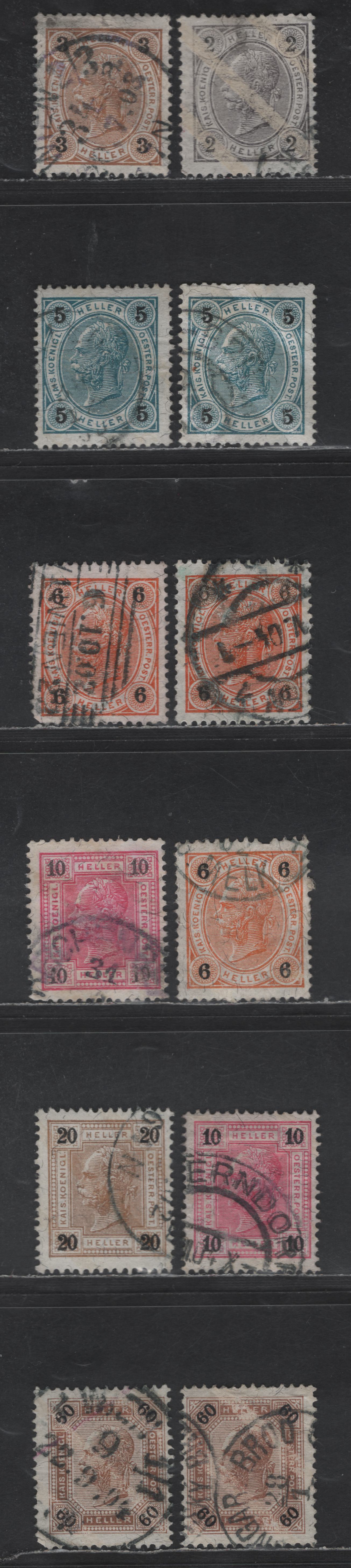 Austria SC#71a/82a 2h - 60h Dark Gray - Brown Emperor Franz Josef, 1899 Emperor Franz Josef Issue, 12 Fine Used Singles, Varnish Bars, Perfs 13, 13x5 & 13x12.5