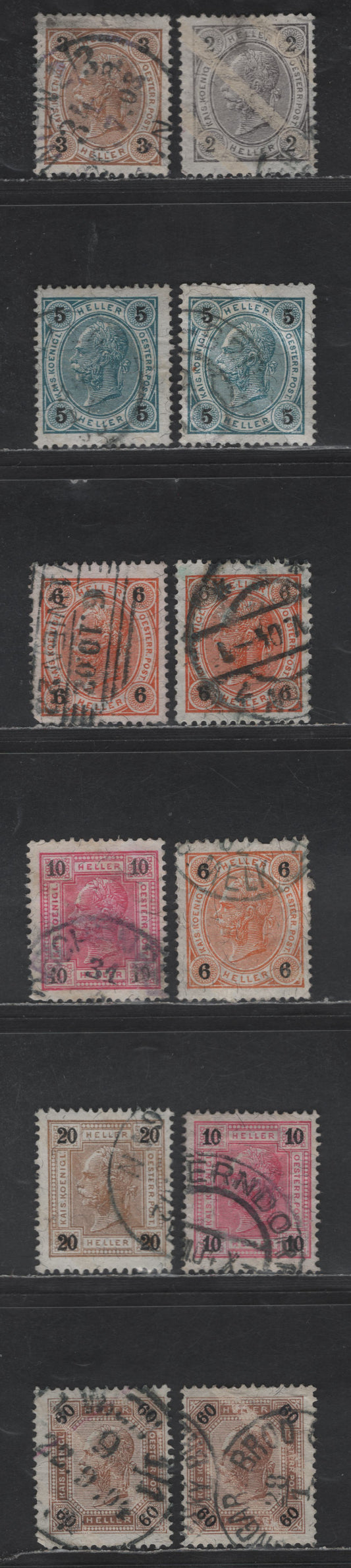 Austria SC#71a/82a 2h - 60h Dark Gray - Brown Emperor Franz Josef, 1899 Emperor Franz Josef Issue, 12 Fine Used Singles, Varnish Bars, Perfs 13, 13x5 & 13x12.5