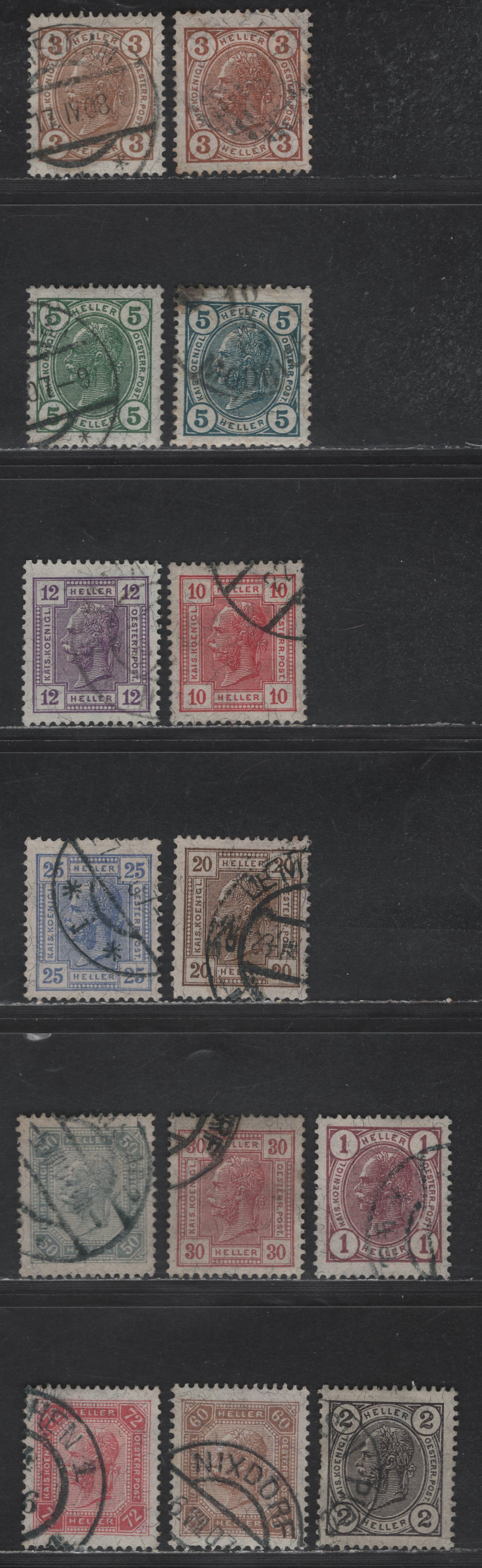 Austria SC#86-90, 92-96, 103-105 1h - 72h Lilac - Rose Emperor Franz Josef, 1905-1907 Emperor Franz Josef Issue, 14 Very Fine Used Singles, Perf 13x12.5, Colored, Black on White & White Numerals