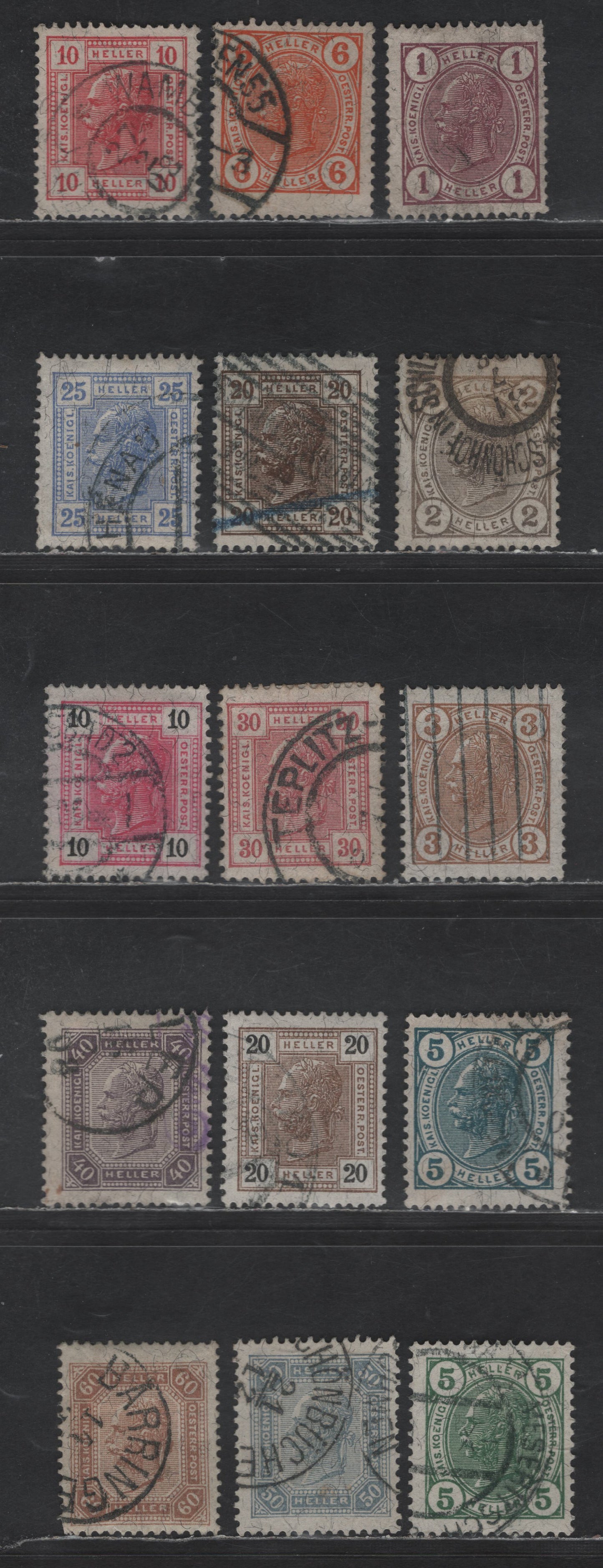 Austria SC#86-92, 94-98, 102-104 1h - 72h Lilac - Rose Emperor Franz Josef, 1905-1907 Emperor Franz Josef Issue, 14 Fine Used Singles, Perf 13x12.5, Colored, Black on White & White Numerals, Additional Shades