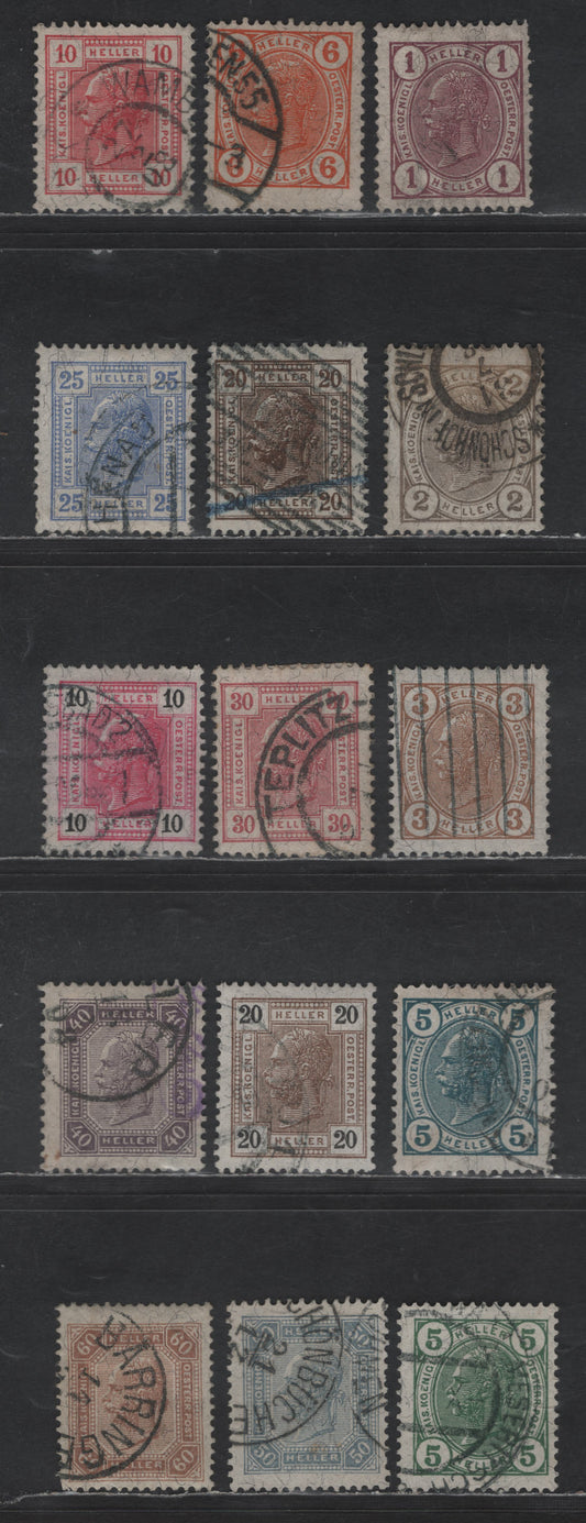 Austria SC#86-92, 94-98, 102-104 1h - 72h Lilac - Rose Emperor Franz Josef, 1905-1907 Emperor Franz Josef Issue, 14 Fine Used Singles, Perf 13x12.5, Colored, Black on White & White Numerals, Additional Shades