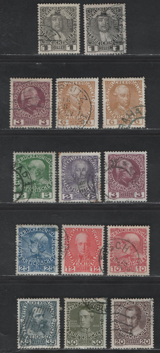 Austria SC#110a-120a 1h - 35h Gray Black - Slate Karl VI, 1908-1916 Portraits Issue, 14 Very Fine Used Singles, Chalky Paper, Additional Shades, Some Toning on 2h