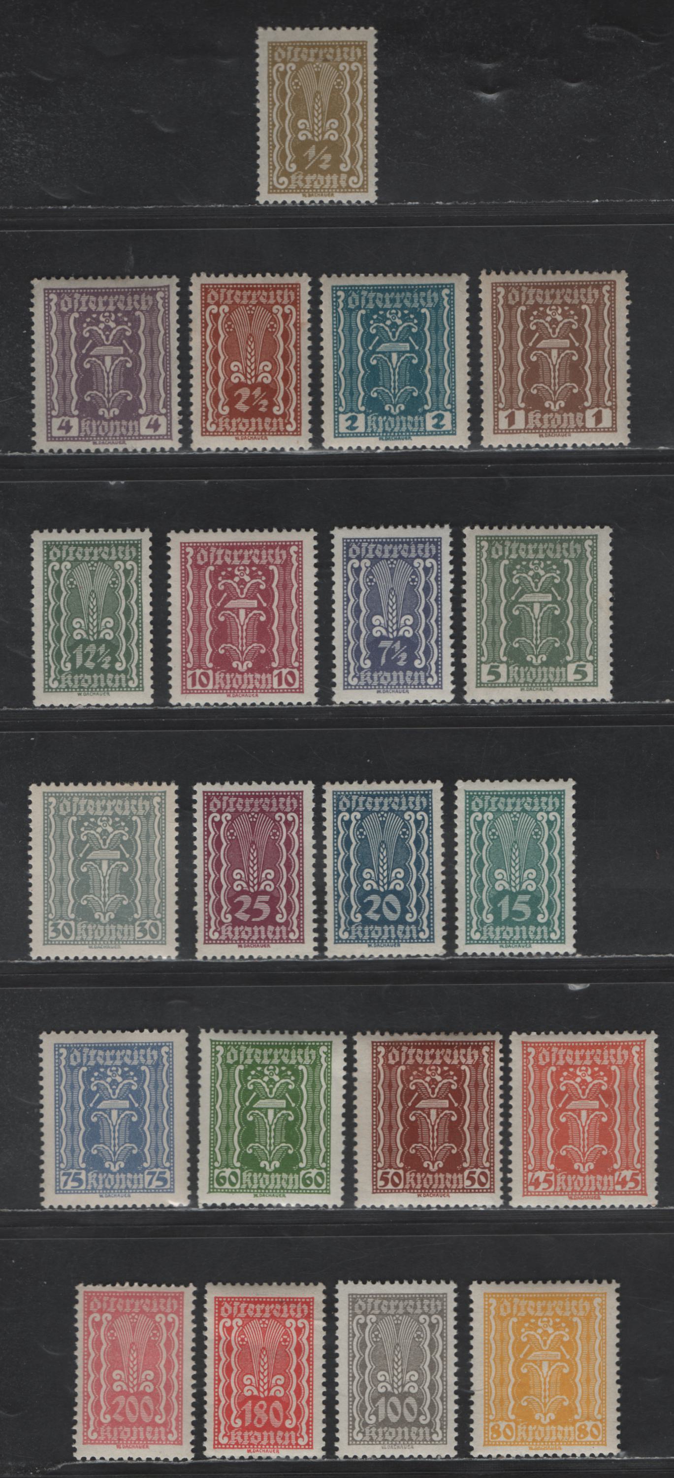 Lot 157 Austria SC#250-268, 272-273 1/2k - 200k Olive Bistre - Pink Symbols of Agriculture - Labour & Industry, 1922-1924 Agriculture - Labor & Industry Issues, 21 F/VFOG Singles, Perf 12.5