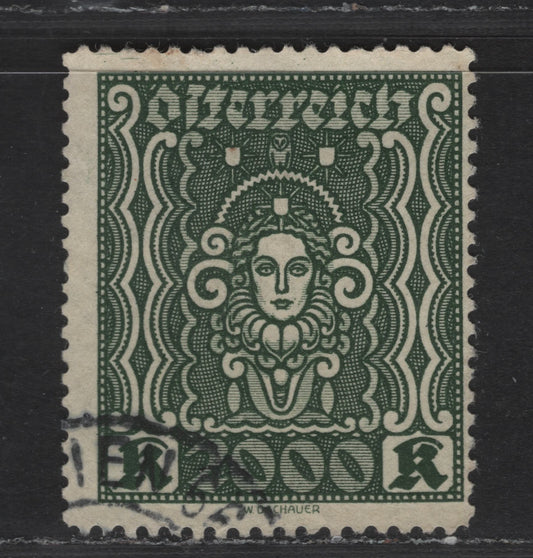 Austria SC#295c 2000k Dark Green on Yellow Symbols of Art & Science, 1922-1924 Art & Science Issue, A Very Fine Used Single, Wet Printings, 25x29.5mm