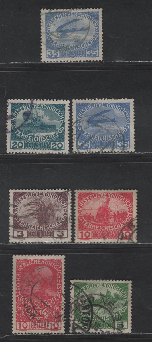 Austria SC#B2-B7 10h - 35+3h Rose - Ultramarine Emperor Franz Josef - Airplane, 1914-1915 Semi Postal Issues, 7 Fine/Very Fine Used Singles, Two Shades of B7