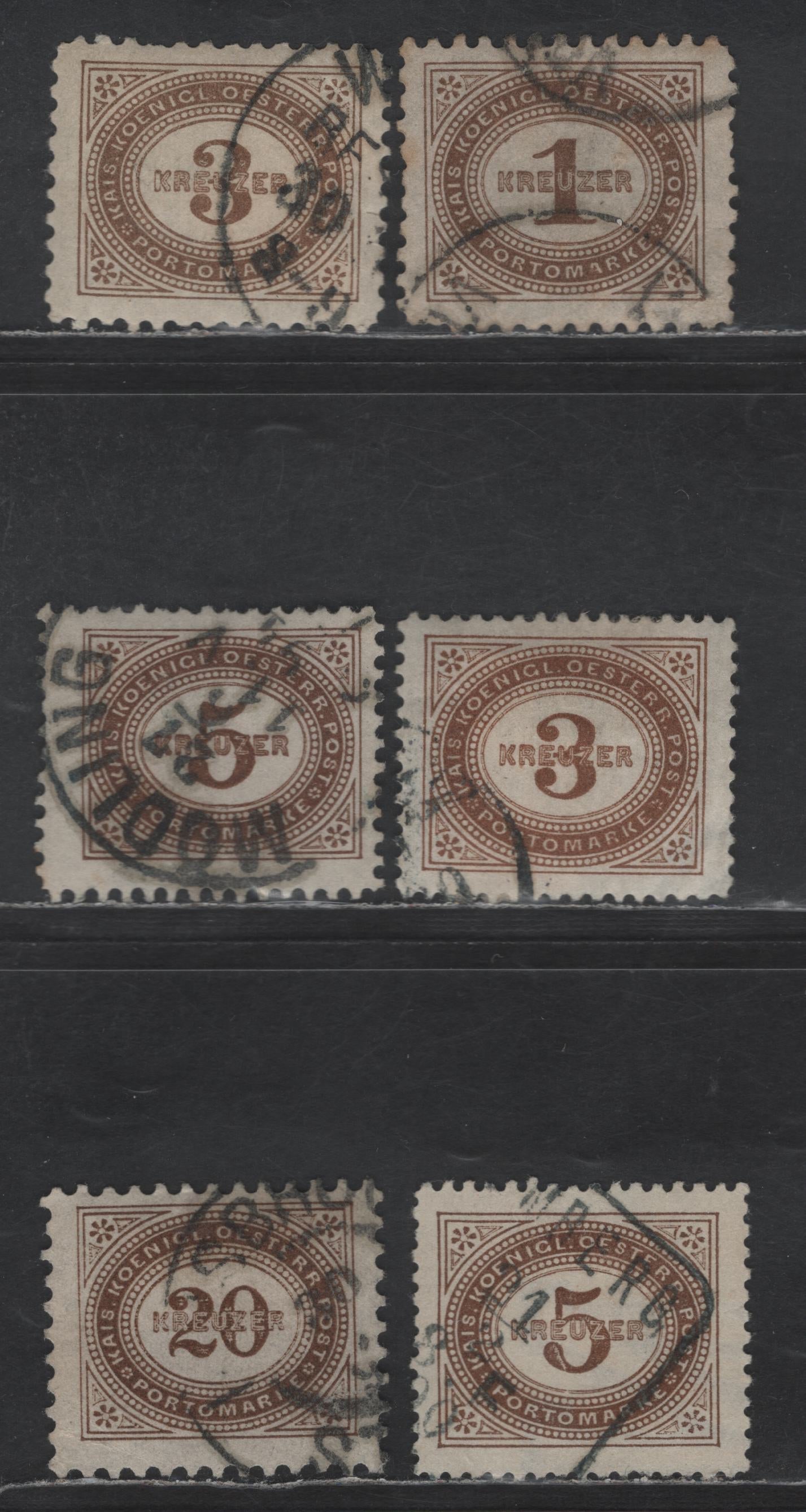 Austria SC#J1/J8 1k - 20k Brown Numeral, 1894-1895 Postage Due, 6 Fine/Very Fine Used Singles, Perfs 10.5, 11.5 & 12.5
