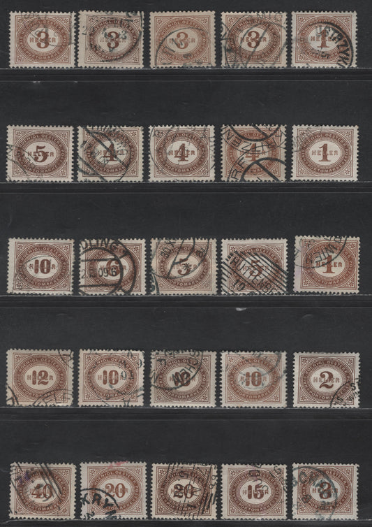 Austria SC#J22-J32 1h - 40h Brown Numeral, 1910-1913 Postage Dues, 25 Fine/Very Fine Used Singles, Various Shades, Perfs 12.5,12.5x13 & 13.5x13