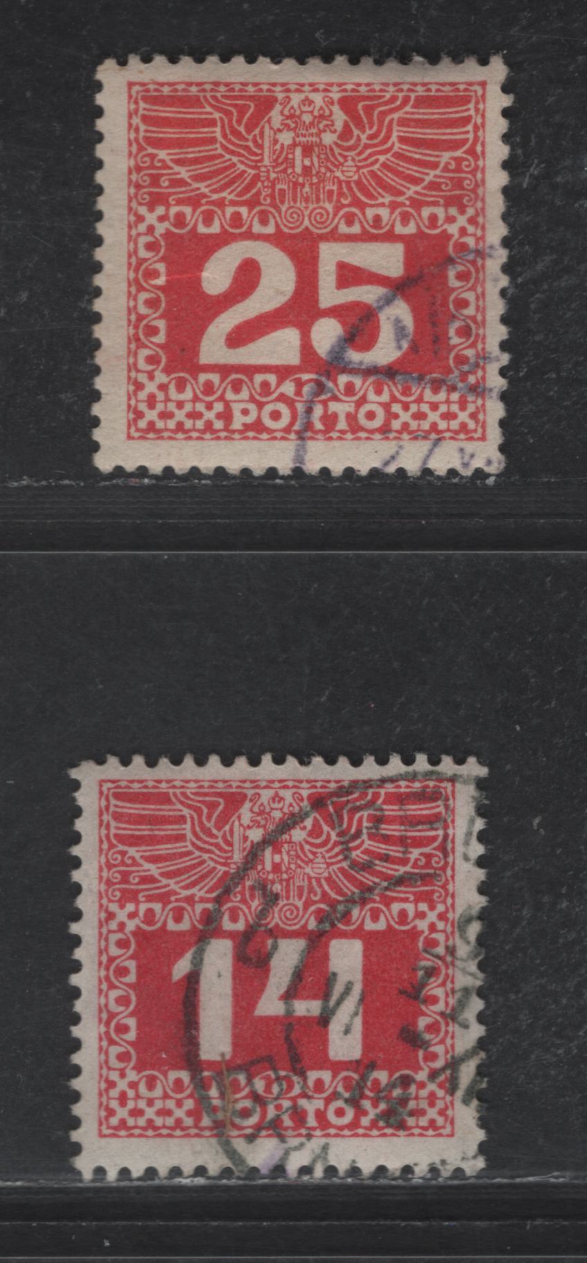 Austria SC#J39, J41 14h - 25h Carmine Numeral, 1910-1913 Postage Dues, 2 Very Fine Used Singles, Ordinary Thin Paper, Perf 12.5, Unwatermarked