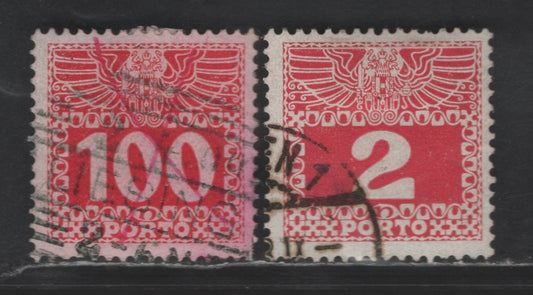 Austria SC#J35a, J44a 2h - 100h Carmine Numeral, 1910-1913 Postage Dues, 2 Very Fine Used Singles, Chalky Paper, Perf 12.5, Unwatermarked