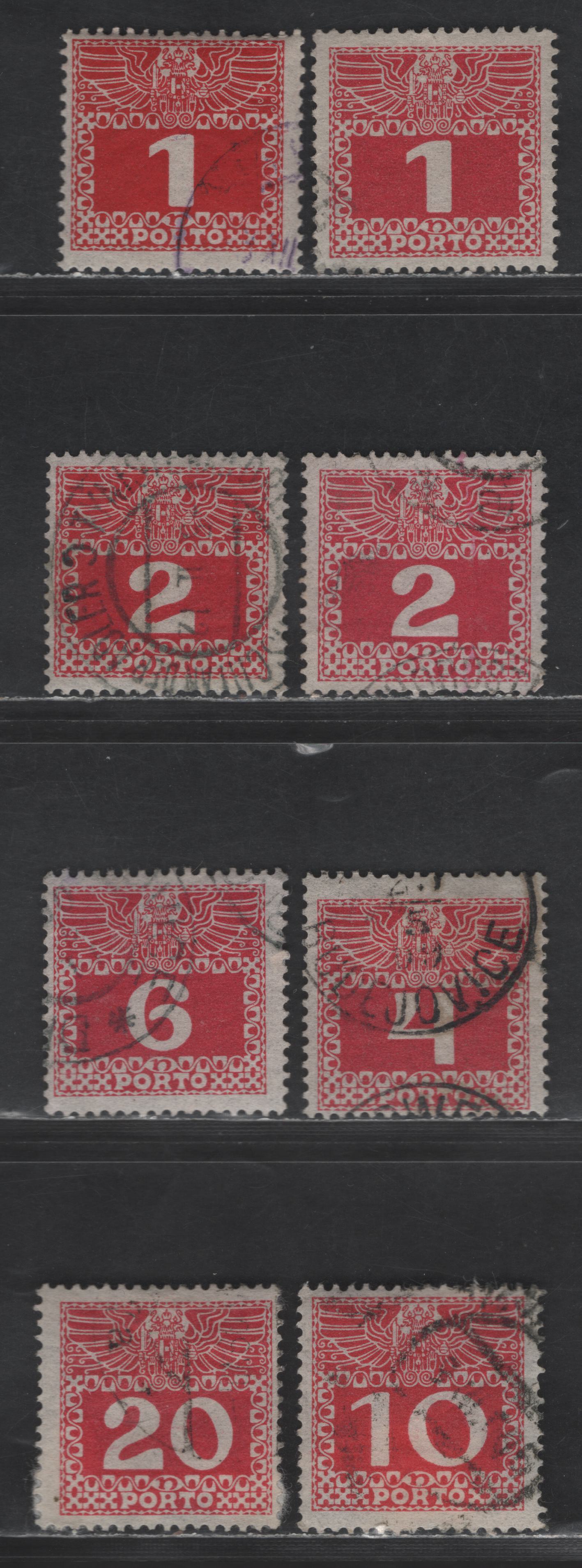 Austria SC#J34, J35b, J36b, J37b, J38b, J40a 1h - 100h Carmine Numeral, 1910-1913 Postage Dues, 8 Fine/Very Fine Used Singles, Thin Translucent Paper, Shade Variations, Unwatermarked, Perf 12.5