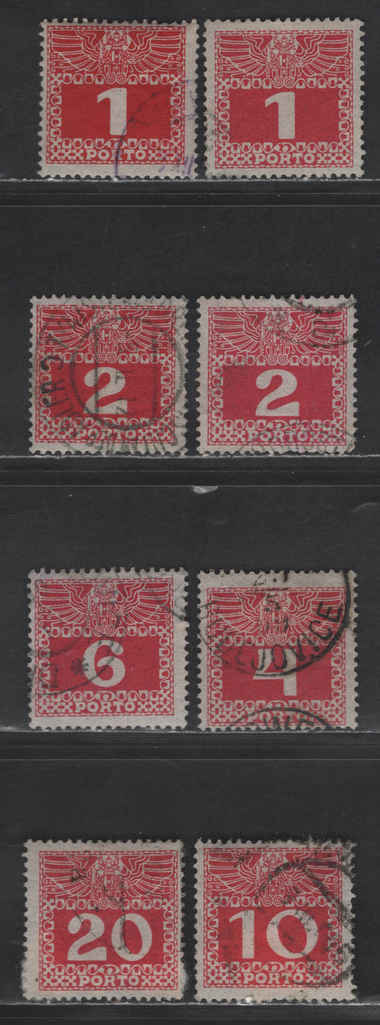 Austria SC#J34, J35b, J36b, J37b, J38b, J40a 1h - 100h Carmine Numeral, 1910-1913 Postage Dues, 8 Fine/Very Fine Used Singles, Thin Translucent Paper, Shade Variations, Unwatermarked, Perf 12.5