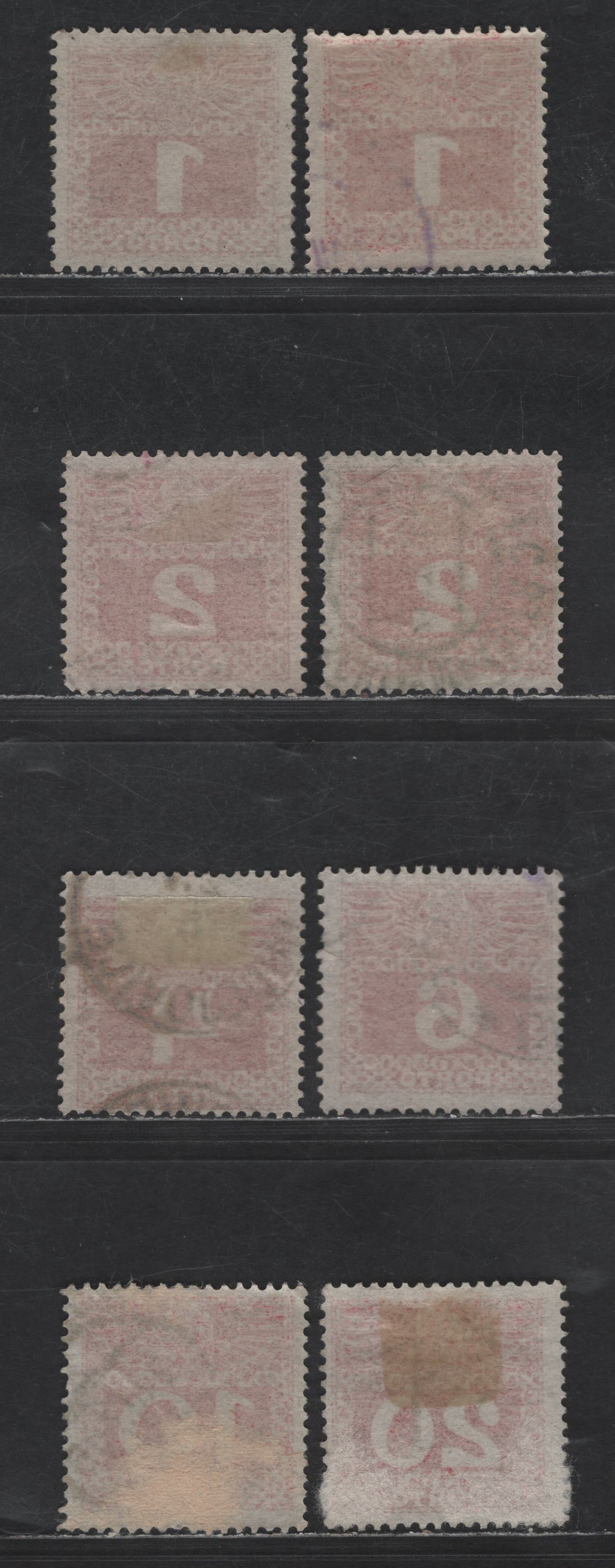 Austria SC#J34, J35b, J36b, J37b, J38b, J40a 1h - 100h Carmine Numeral, 1910-1913 Postage Dues, 8 Fine/Very Fine Used Singles, Thin Translucent Paper, Shade Variations, Unwatermarked, Perf 12.5