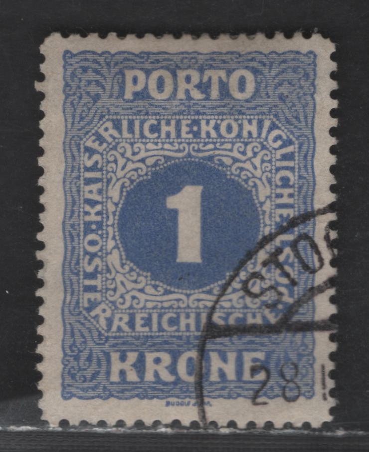 Austria SC#J57b 1k Ultramarine Numeral, 1916 Postage Dues, A Very Fine Used Single, Scarce Perf 12.5 Rather Than 12.5x13