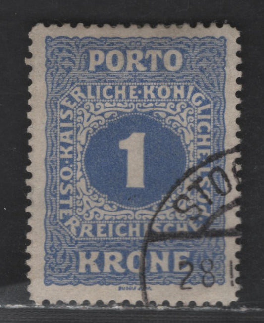 Austria SC#J57b 1k Ultramarine Numeral, 1916 Postage Dues, A Very Fine Used Single, Scarce Perf 12.5 Rather Than 12.5x13