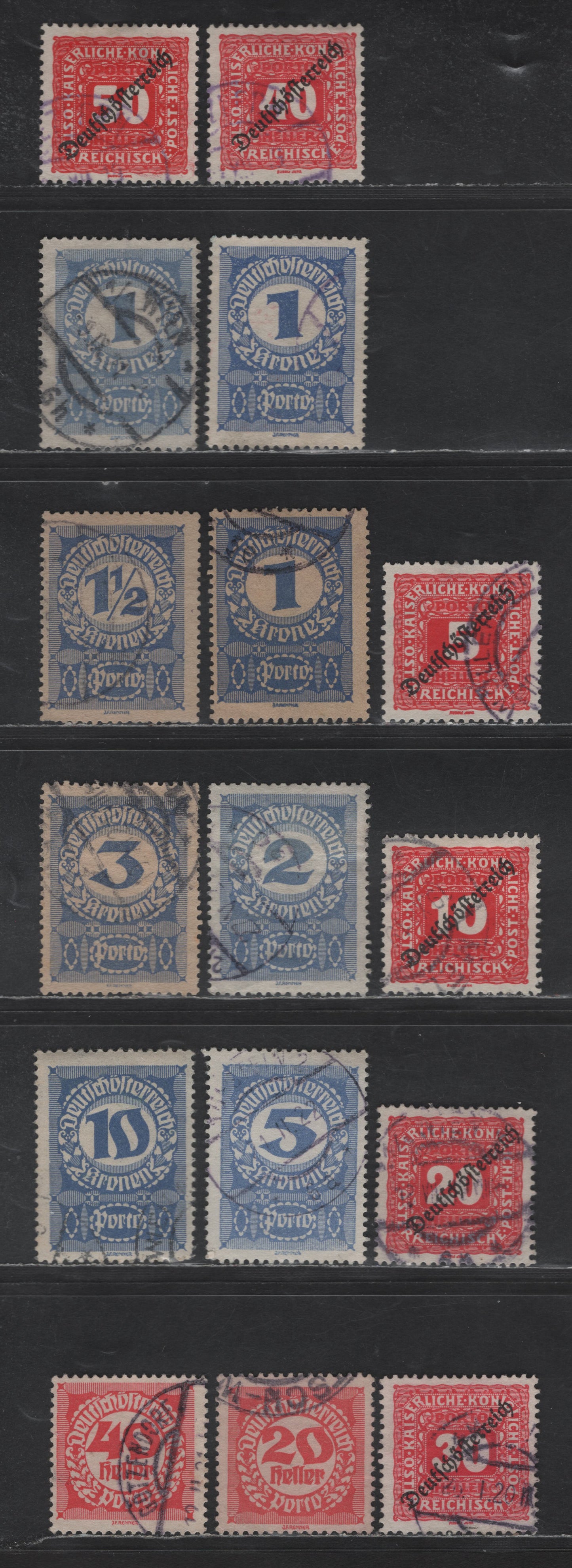 Austria SC#J64, J65, J67, J69-71, J78, J81, J84-a, J85a, J86, J87a, J89, J91 5h - 10k Rose Red - Ultramarine Numerals & Overprints, 1919-1920 Postage Dues, 16 Fine/Very Fine Used Singles