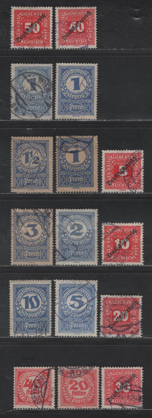Austria SC#J64, J65, J67, J69-71, J78, J81, J84-a, J85a, J86, J87a, J89, J91 5h - 10k Rose Red - Ultramarine Numerals & Overprints, 1919-1920 Postage Dues, 16 Fine/Very Fine Used Singles