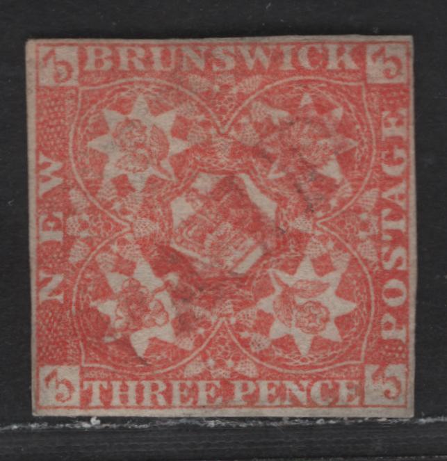Lot 315 (C) New Brunswick #1 3d Red Crown & Heraldic Flowers, 1851-1860 Pence Issue, A VG Used Single Faint Red "Paid" Cancel, Was Lightned & Cleaned  & Regummed To Appear Mint, 4 Margins, But Skillfully Repaired At Lower Right