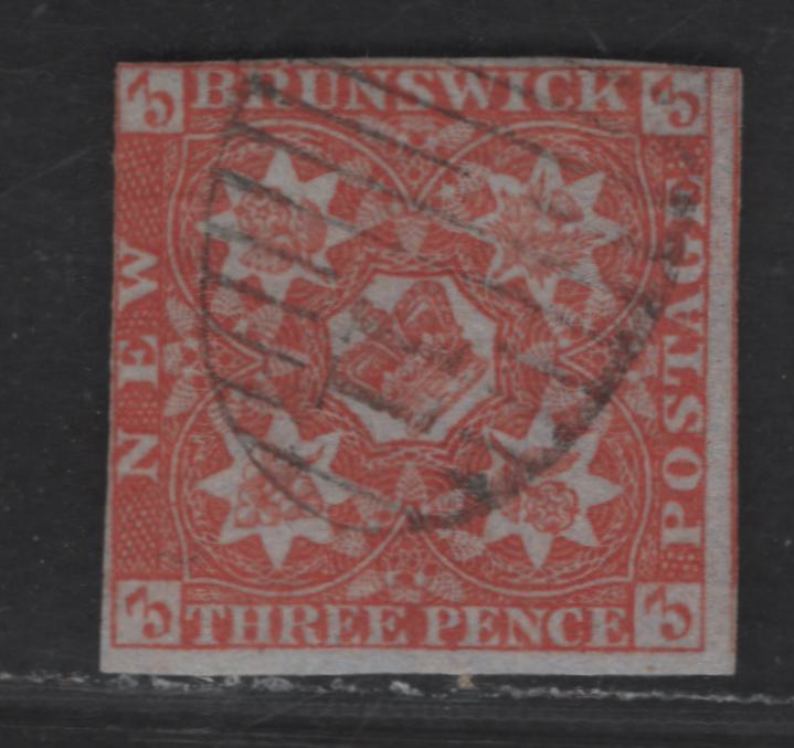 Lot 316 (C) New Brunswick #1 3d Red Crown & Heraldic Flowers, 1851-1860 Pence Issue, A Fine Used Single With Clear Strike Of #11 Dorchester Grid Cancel, RF#6, Corresponding To Rare, 4 Margins, Close On 2 Sides, Wide On 2