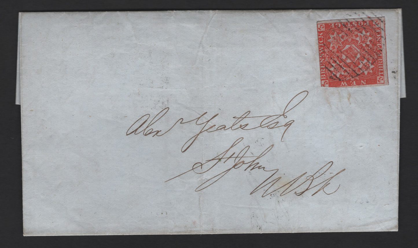 Lot 309 (C) New Brunswick #1a 3d Dark Red Crown & Heraldic Flowers, 1851-1860 Pence Issue, A Fine Cover Franked With 3.5 Margin Single, Sent From Woodstock To Saint John, Clear December 6, 1851 & December 9 Woodstock & Saint John Backstamps, Early Use