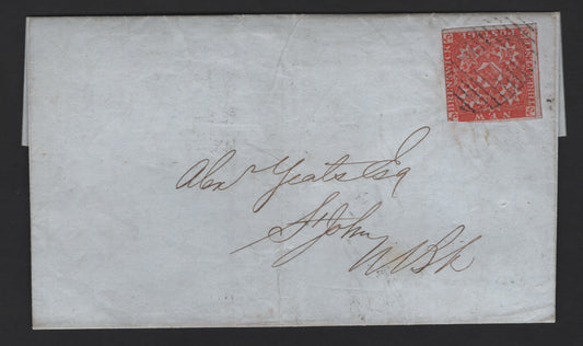 Lot 309 (C) New Brunswick #1a 3d Dark Red Crown & Heraldic Flowers, 1851-1860 Pence Issue, A Fine Cover Franked With 3.5 Margin Single, Sent From Woodstock To Saint John, Clear December 6, 1851 & December 9 Woodstock & Saint John Backstamps, Early Use